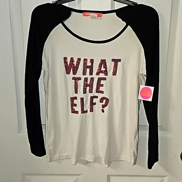 5 More Minutes Juniors Red Sequin What The Elf? Black Sleeve Red Top Holiday XL - Picture 1 of 10